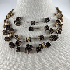 CHICOS Necklace Multi Strand Coconut Shell Beads Gold Tone Accents Floating Boho